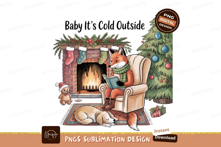 Fox reading by fireplace with dog and tree christmas