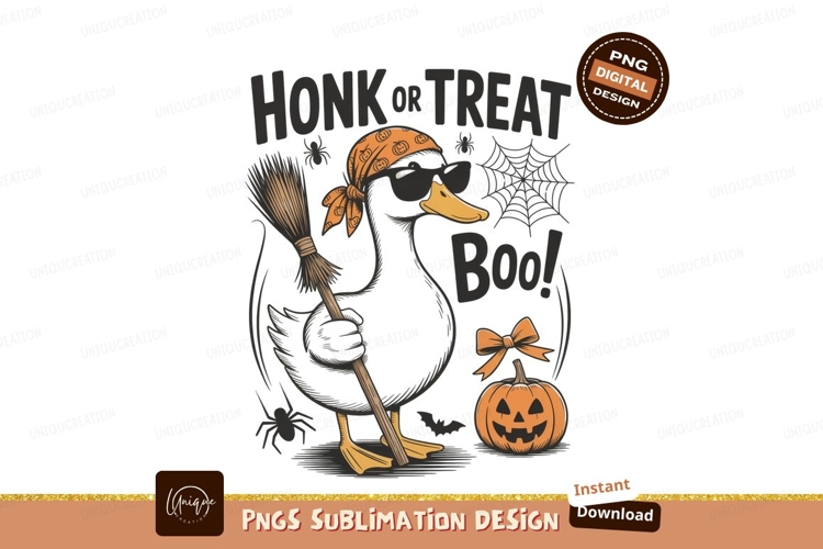 Cool duck Halloween trick treat pumpkin broom