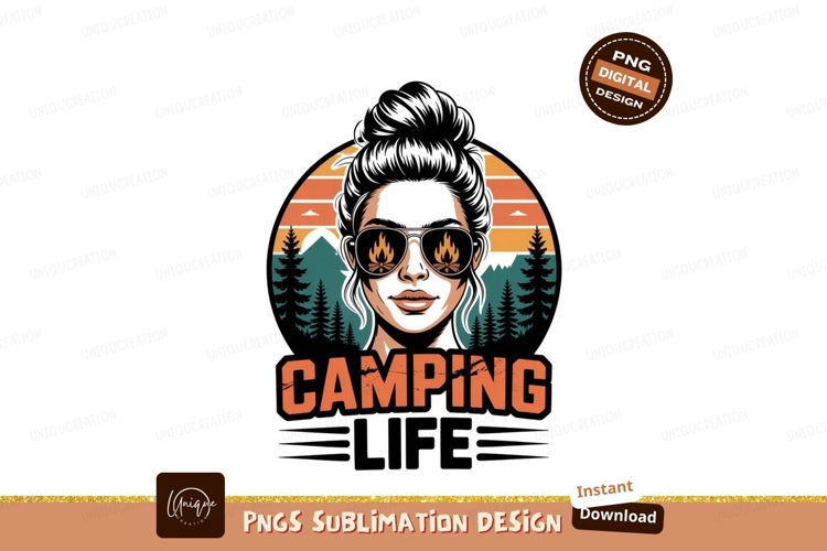 Woman with campfire sunglasses and mountain sunset