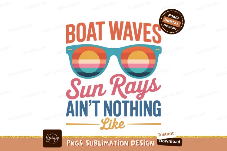 Sunglasses reflecting sunset with boat waves text reflection
