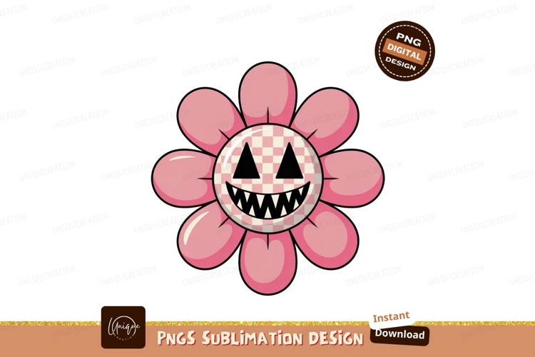 Pink flower with creepy checkered face image