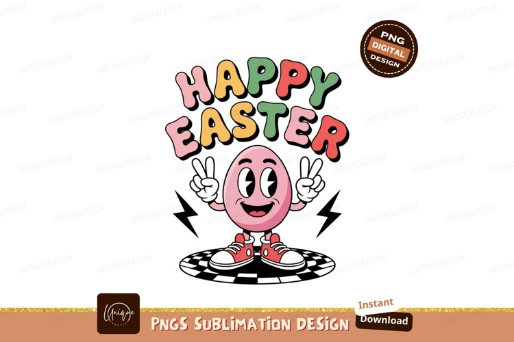 Cheerful pink egg character with happy easter text