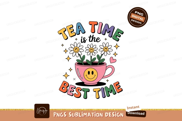Smiley flowers in cup with text time