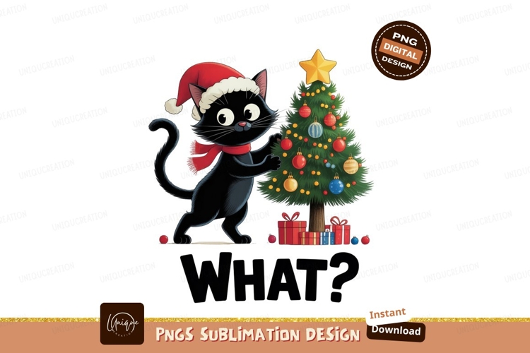 Black cat with Christmas tree santa