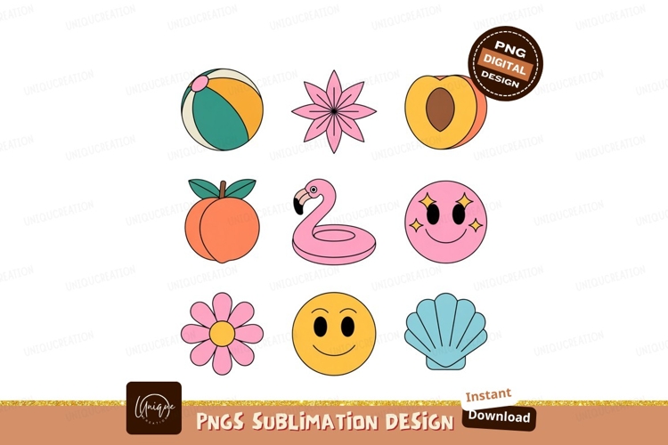 Retro Summer Icons Beach Flamingo Peach Flower Smiley Shell