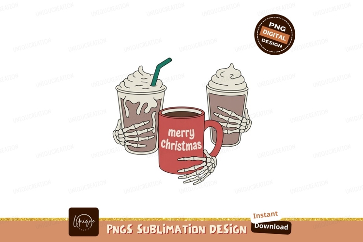 Skeleton hands holding holiday drinks coffee