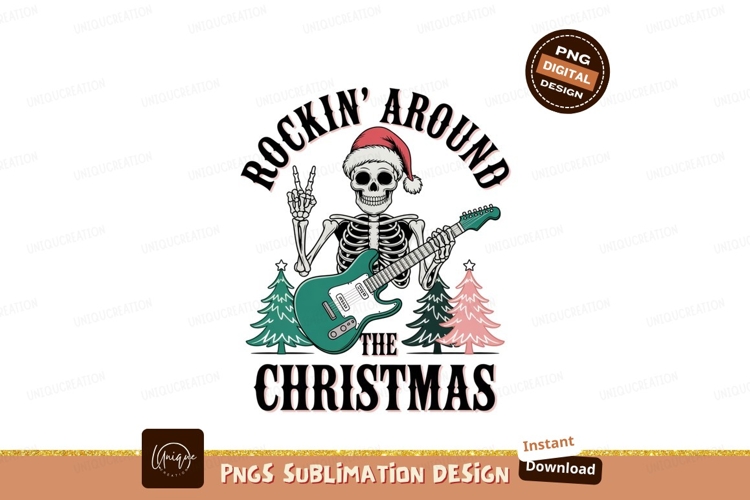 Skeleton playing guitar with Christmas hat and trees
