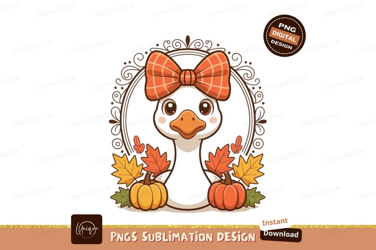 Cute goose wearing plaid bow with pumpkins and leaves
