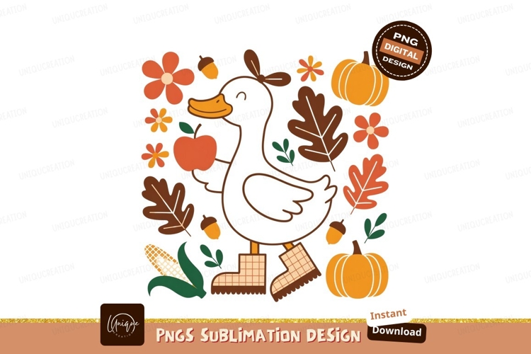 Autumn duck with apple and pumpkins corn