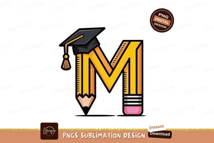 Yellow Pencil Letter M Graduation Cap education learning