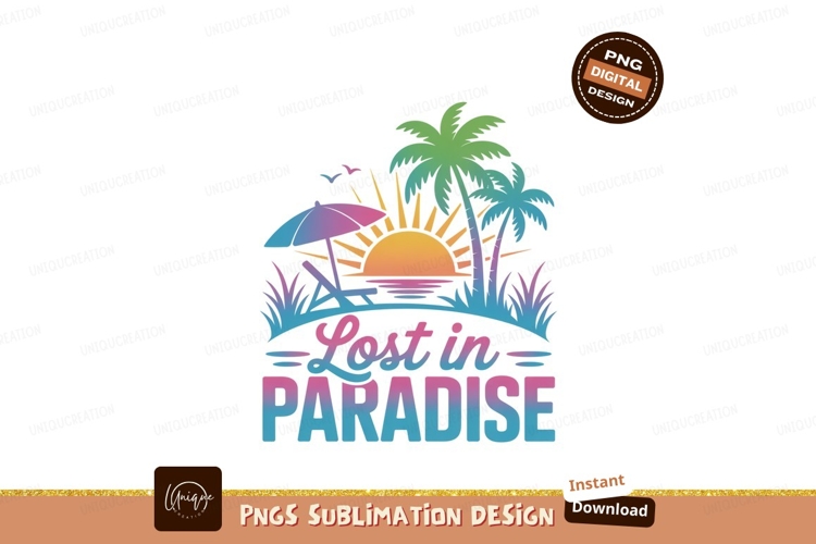 Tropical sunset beach scene with palm trees and lounge chair