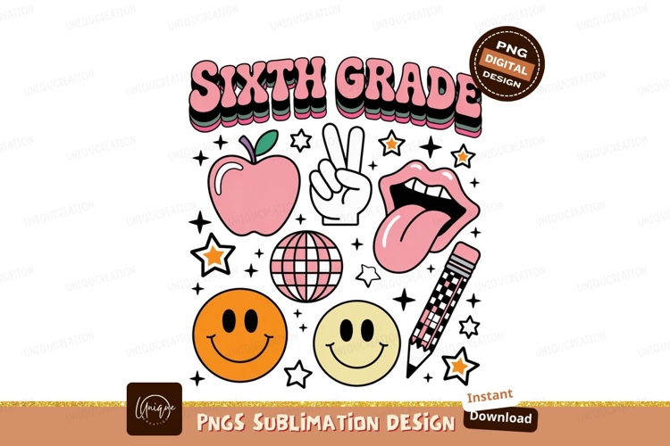 Retro Sixth Grade Vibes Fun Elements apple peace