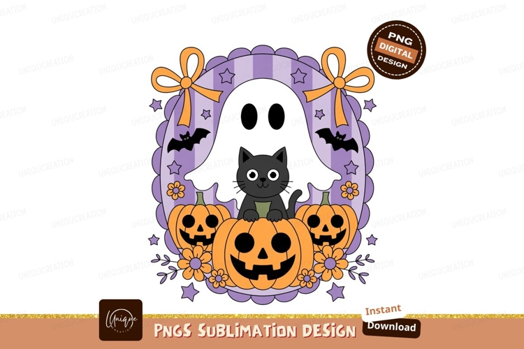 Cute Halloween Cat Ghost Pumpkins Bats image example image 1