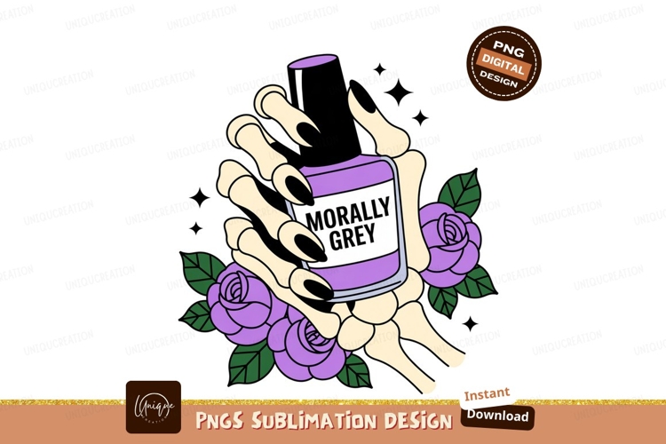 Skeleton hand holding nail polish bottle with roses