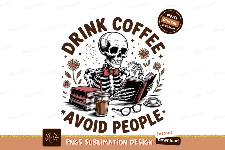 Skeleton reading book drinking coffee avoiding people