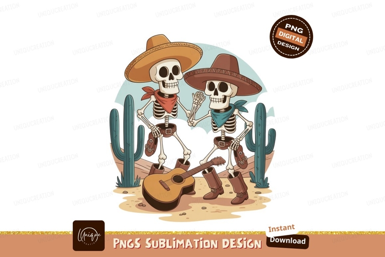Skeletons playing guitar in desert cacti sombreros