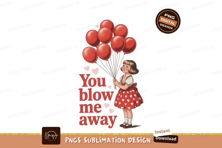 Vintage girl holding red balloons with hearts image