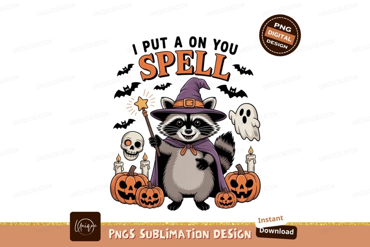 Raccoon witch casting spell with pumpkins and ghost