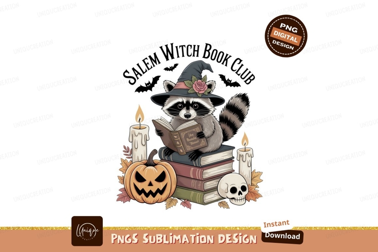 Raccoon witch reading books with pumpkin and skull