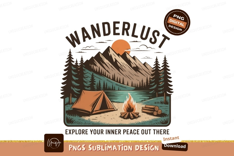 Mountain lake camping scene with campfire and tent