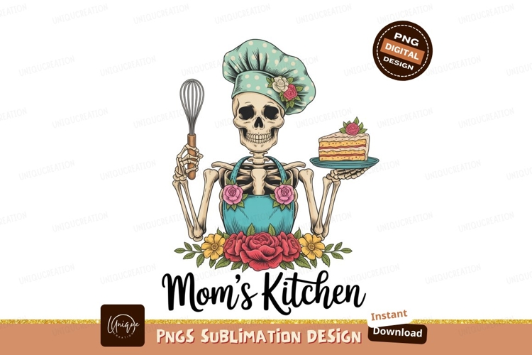 Skeleton baker with cake and whisk chef apron