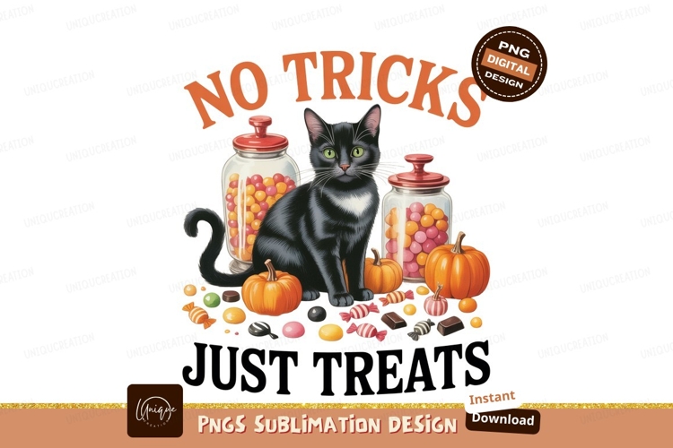 Black cat surrounded by Halloween treats pumpkin candy