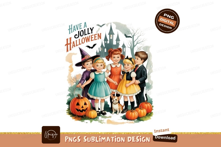 Children celebrating Halloween with pumpkins and castle