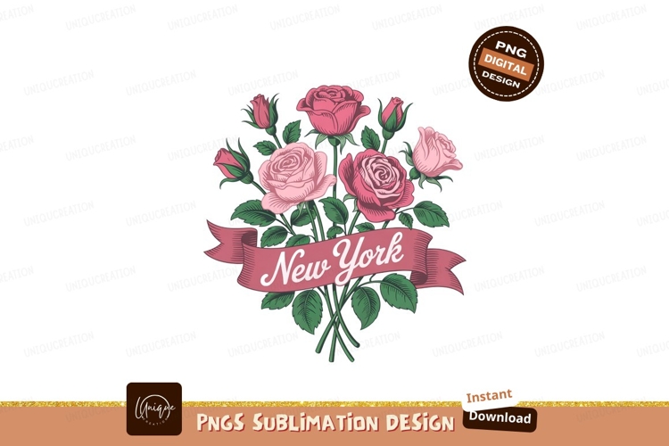 Pink roses bouquet with New York banner flowers floral