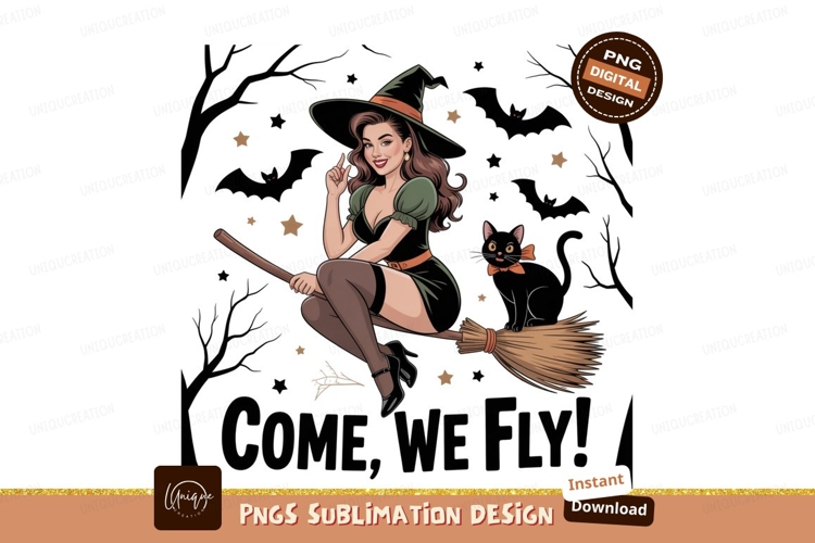 Witch flying broomstick with black cat halloween