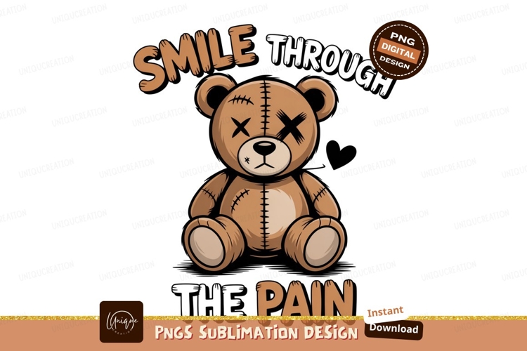 Stitched teddy bear with text brown black