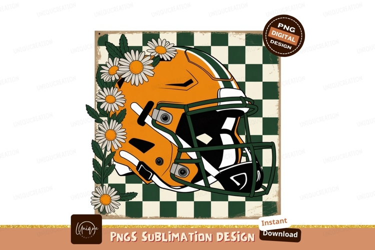 Orange football helmet adorned with daisies green white