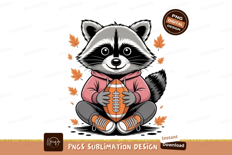 Raccoon holding football autumn leaves orange