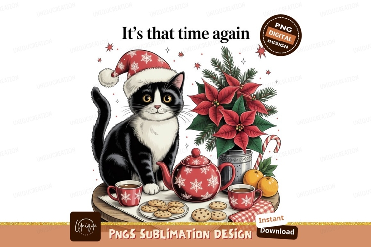Black white cat wearing santa hat with christmas decorations