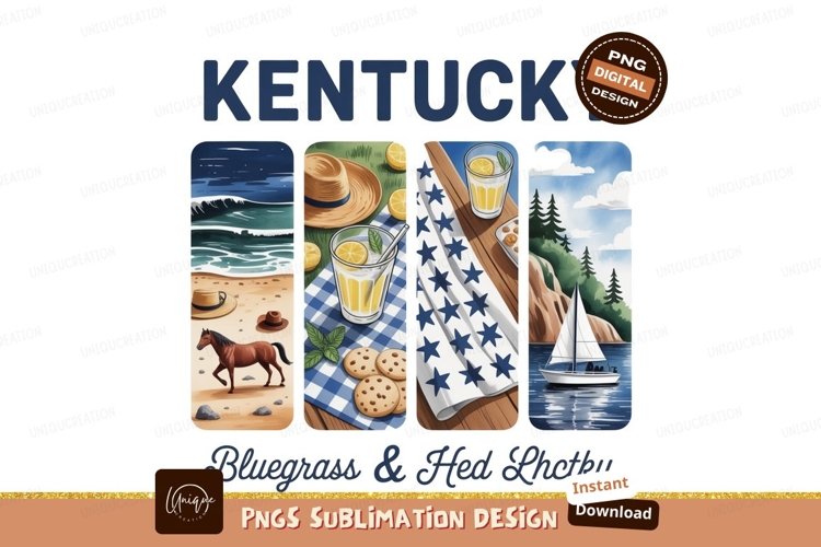 Kentucky scenes with horse lemonade and sailboat beach
