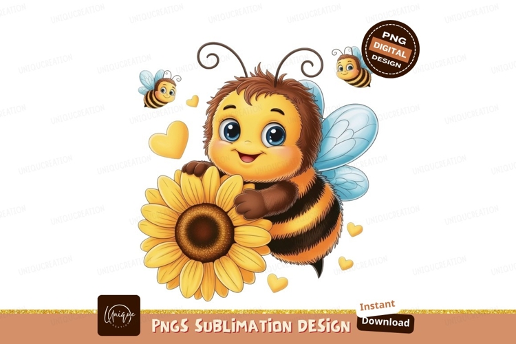 Cute bee with sunflower and hearts yellow orange