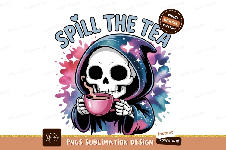Grim reaper drinking coffee with cosmic background