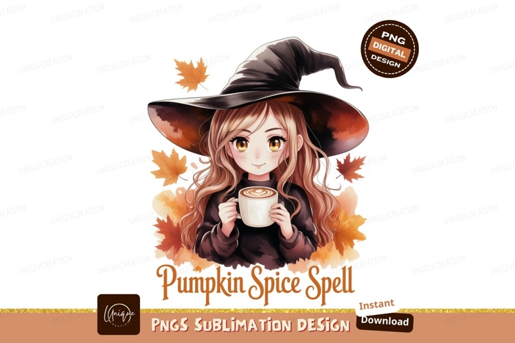 Cute witch holding coffee cup surrounded by autumn leaves