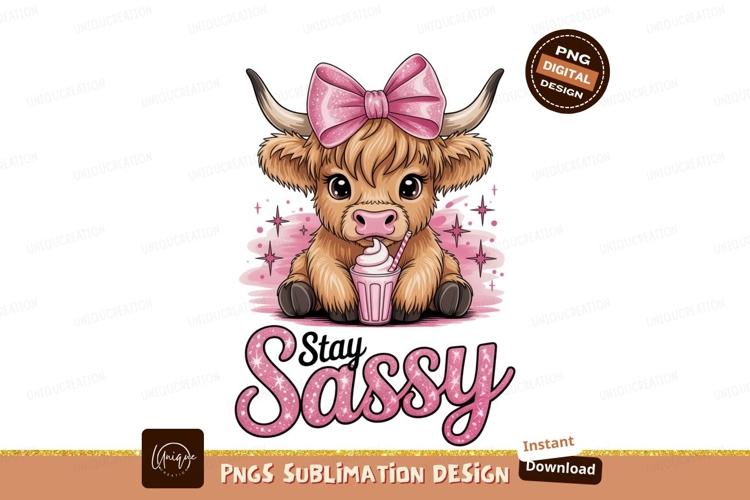 Fluffy cow with pink bow and milkshake calf highland