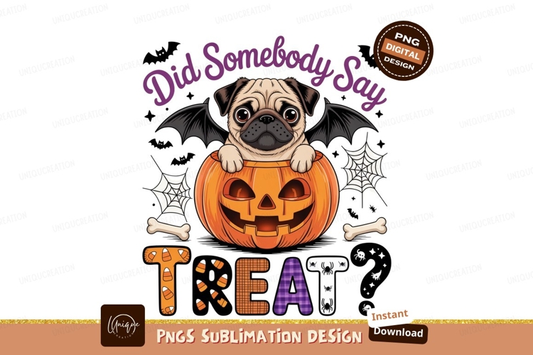 Pug puppy in pumpkin with bat wings halloween