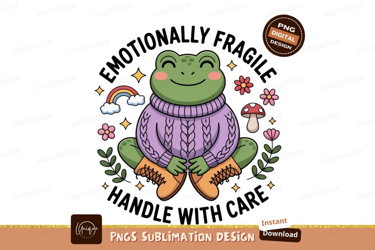 Smiling frog wearing sweater and boots rainbow mushroom