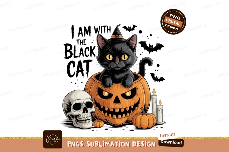 Black cat sits in carved pumpkin halloween skull