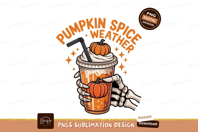 Skeleton holding pumpkin spice drink hand