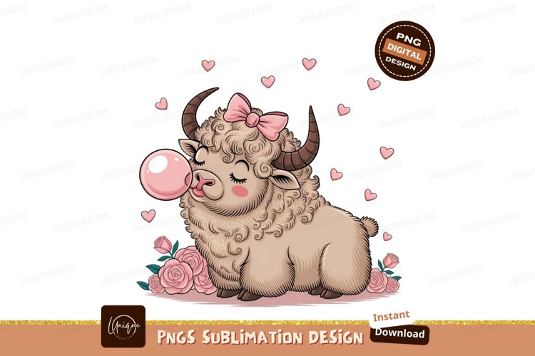 Cute Yak Blowing Bubblegum Sublimation Png