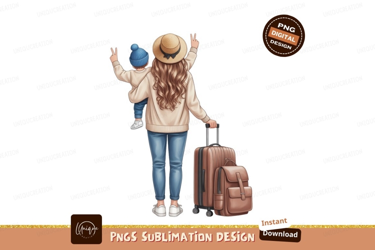 Mother child travel luggage peace sign backpack