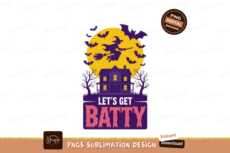 Witch flying over haunted house bats moon halloween