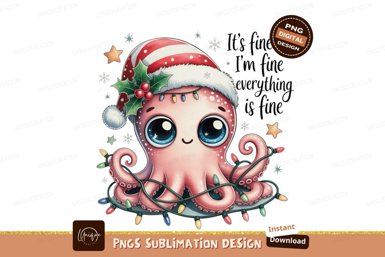 Pink octopus wearing santa hat with christmas lights