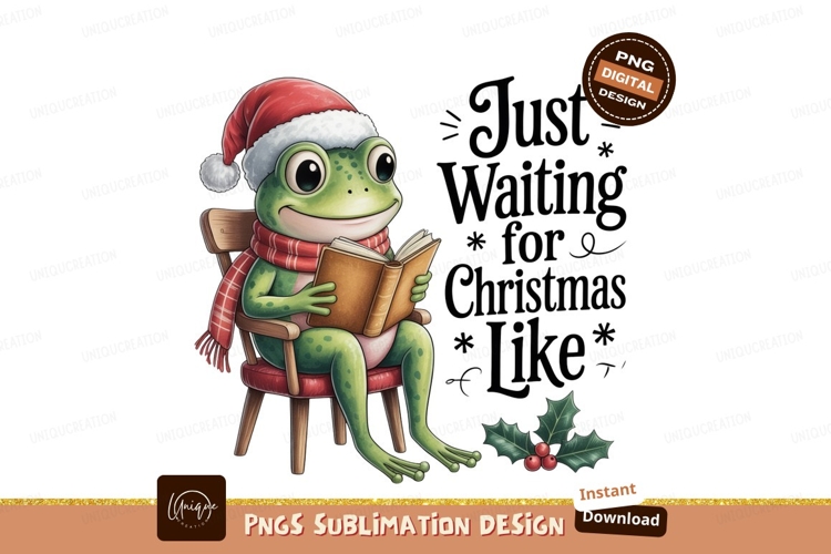 Frog reading book wearing santa hat christmas