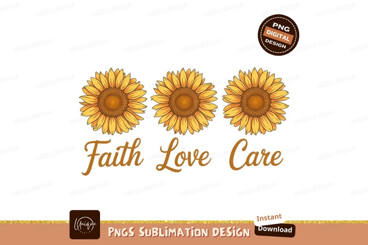 Three sunflowers faith love care yellow orange