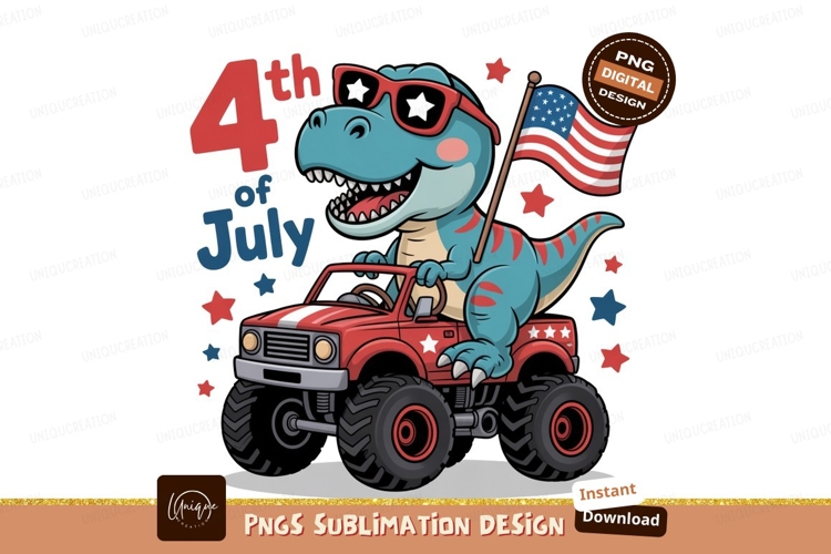 Dinosaur driving monster truck with flag image