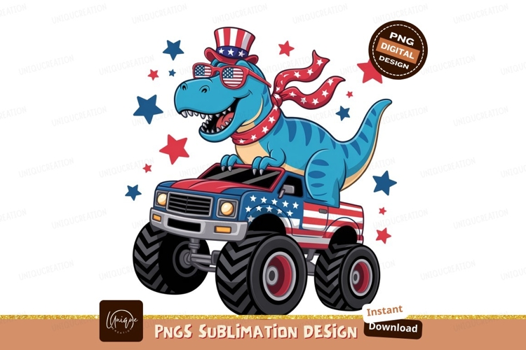 Patriotic dinosaur rides monster truck american